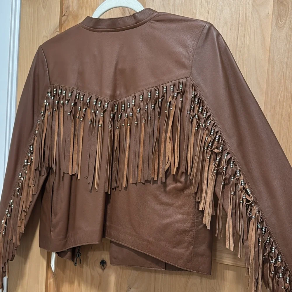 Cleobella Brown fringe Leather Jacket - Picture 2 of 6
